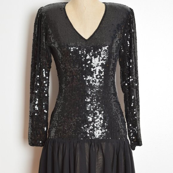 vintage 80s dress black sequin sheer chiffon drop waist prom party cocktail S - Picture 2 of 6